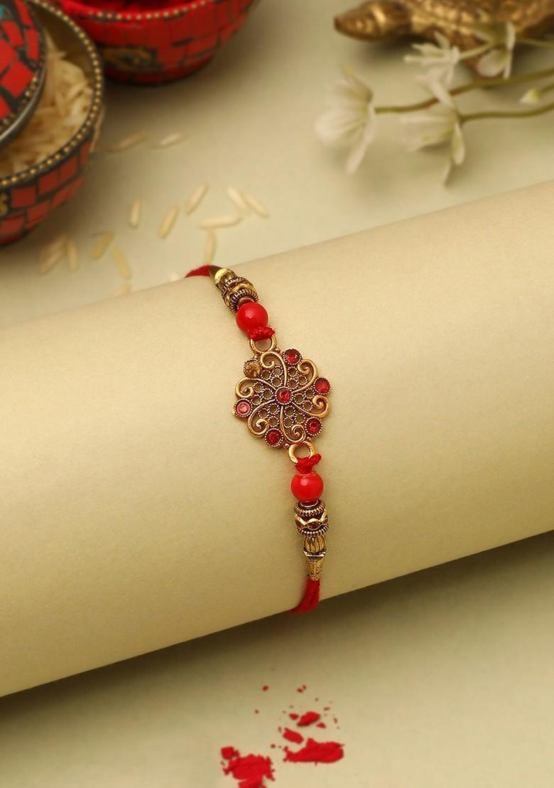 Stone Studded Rakhi And Printed Cushion Gift Set