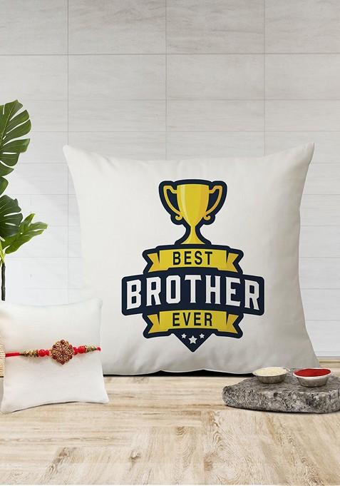 Stone Studded Rakhi And Printed Cushion Gift Set