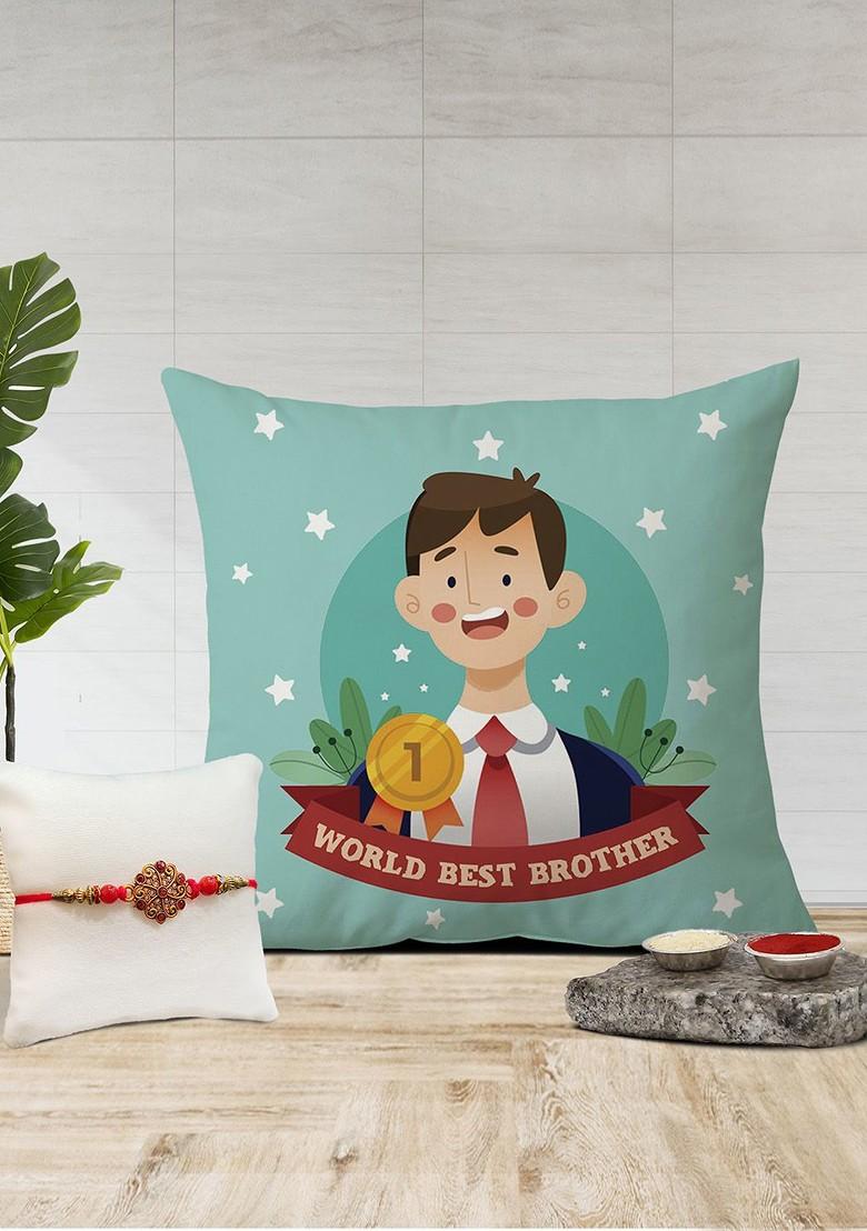 Stone Studded Rakhi And Printed Cushion Gift Set