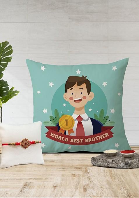 Stone Studded Rakhi And Printed Cushion Gift Set