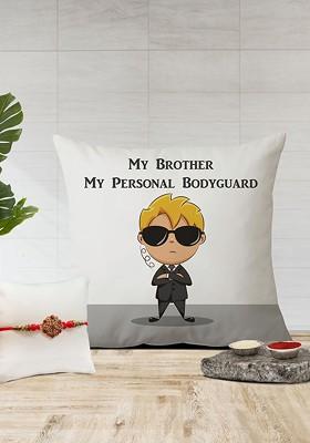 Stone Studded Rakhi And Printed Cushion Gift Set