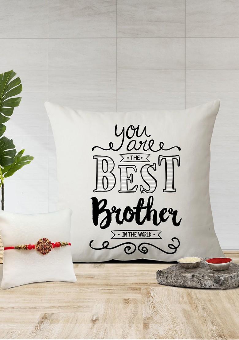 Stone Studded Rakhi And Printed Cushion Gift Set