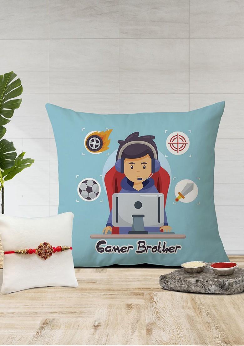 Stone Studded Rakhi And Cushion Gift Set