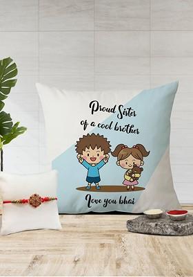 Printed Rakhi And Cushion Gift Set