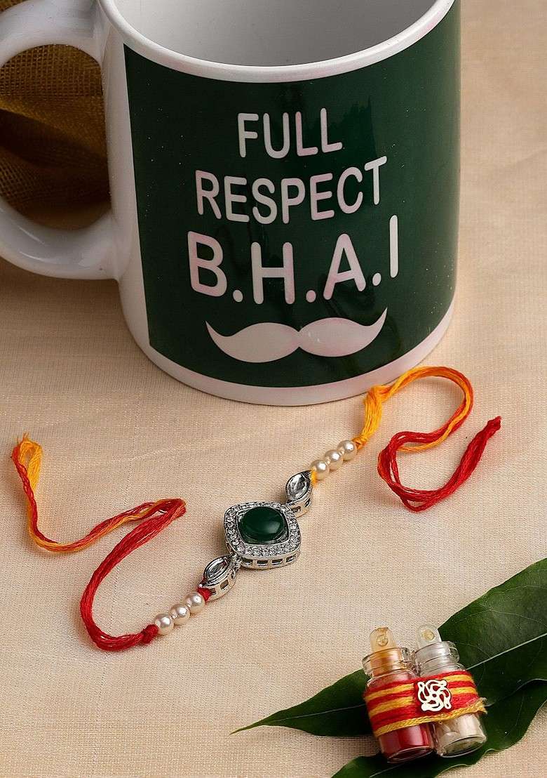 Silver Plated Stone Studded Rakhi Gift Set - Indya