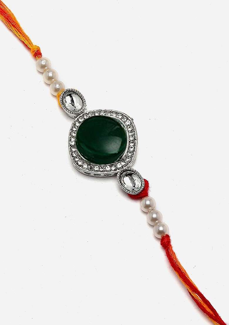 Silver Plated Stone Studded Rakhi Gift Set - Indya