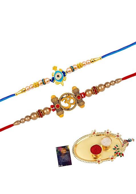 Set Of 2 Rakhi With Pooja Thali