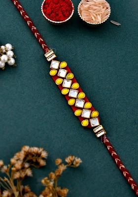 Unisex Set Of 4 Patterned Kundan Studded Bhaiya Rakhi Gift Set