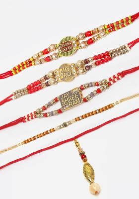 Men Set Of 5 Gold Plated Radha Shyam Big Bro Jay Shree Ram Charm Rakhi