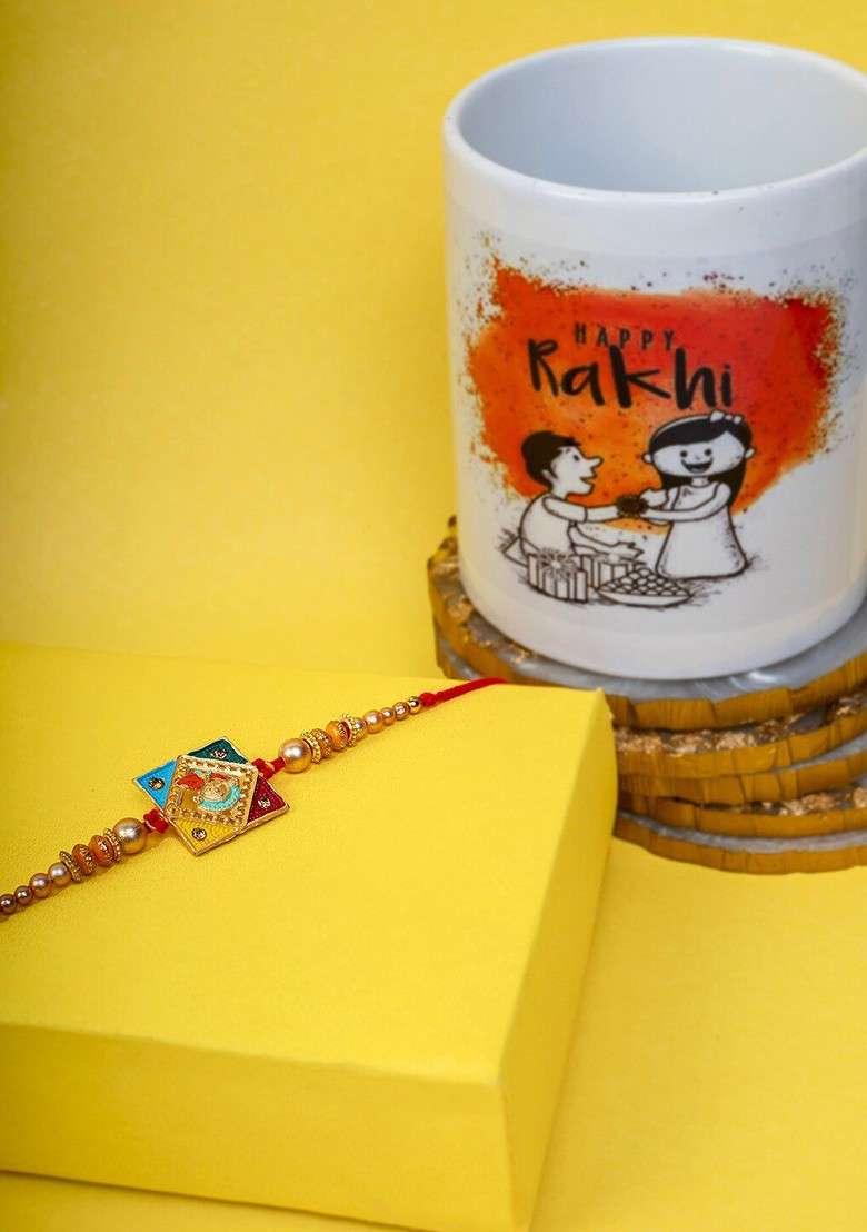 Gold Plated Krishna Charm Rakhi With Mug And Roli Chawal - Indya