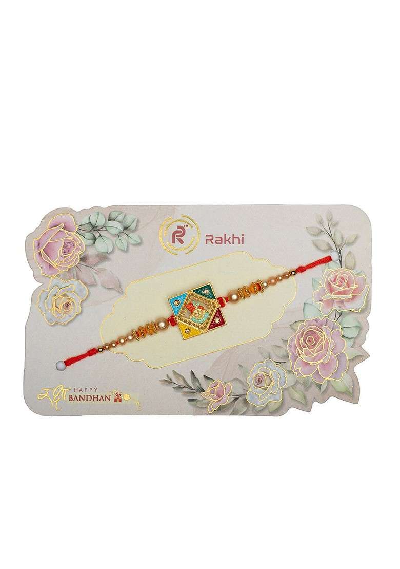 Gold Plated Krishna Charm Rakhi With Mug And Roli Chawal - Indya