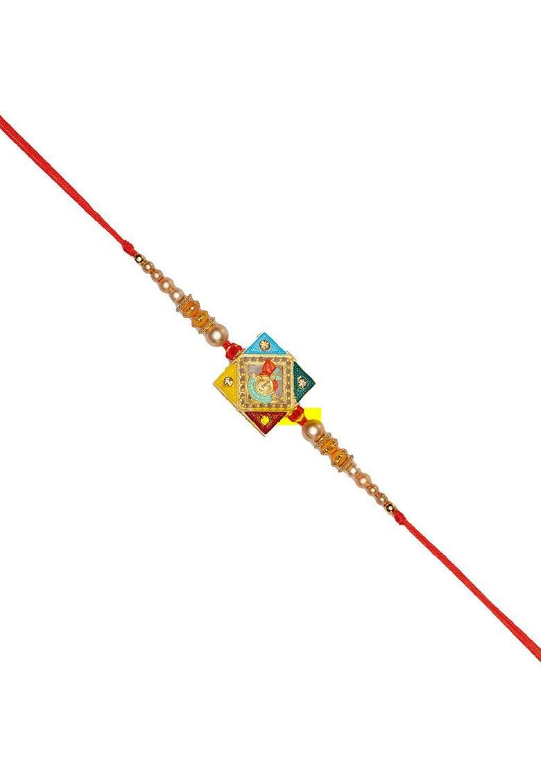 Gold Plated Krishna Charm Rakhi With Mug And Roli Chawal - Indya
