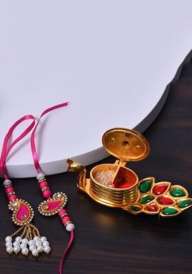 Set Of 2 Designer Bhaiya And Bhabhi Rakhi With Roli Chawl Thali