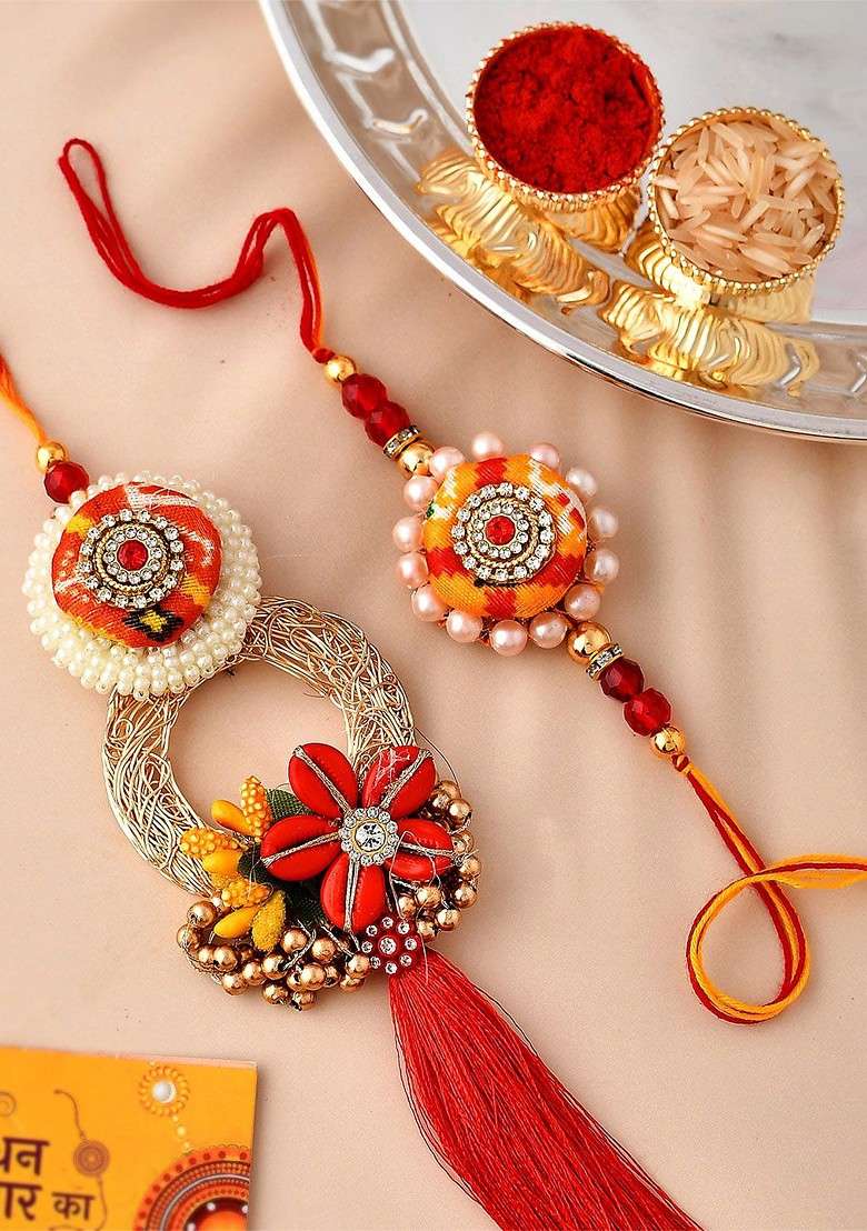 Unisex Set Of 2 Designer Lumba Rakhi Gift Set - Indya