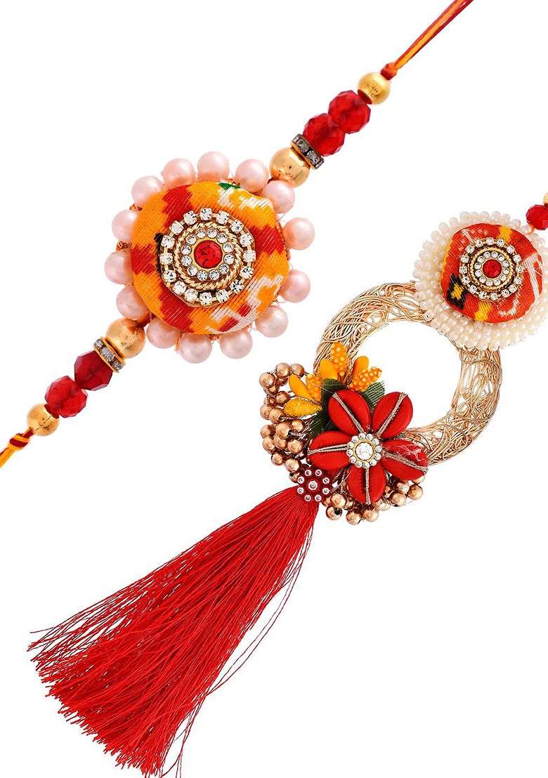 Unisex Set Of 2 Designer Lumba Rakhi Gift Set - Indya