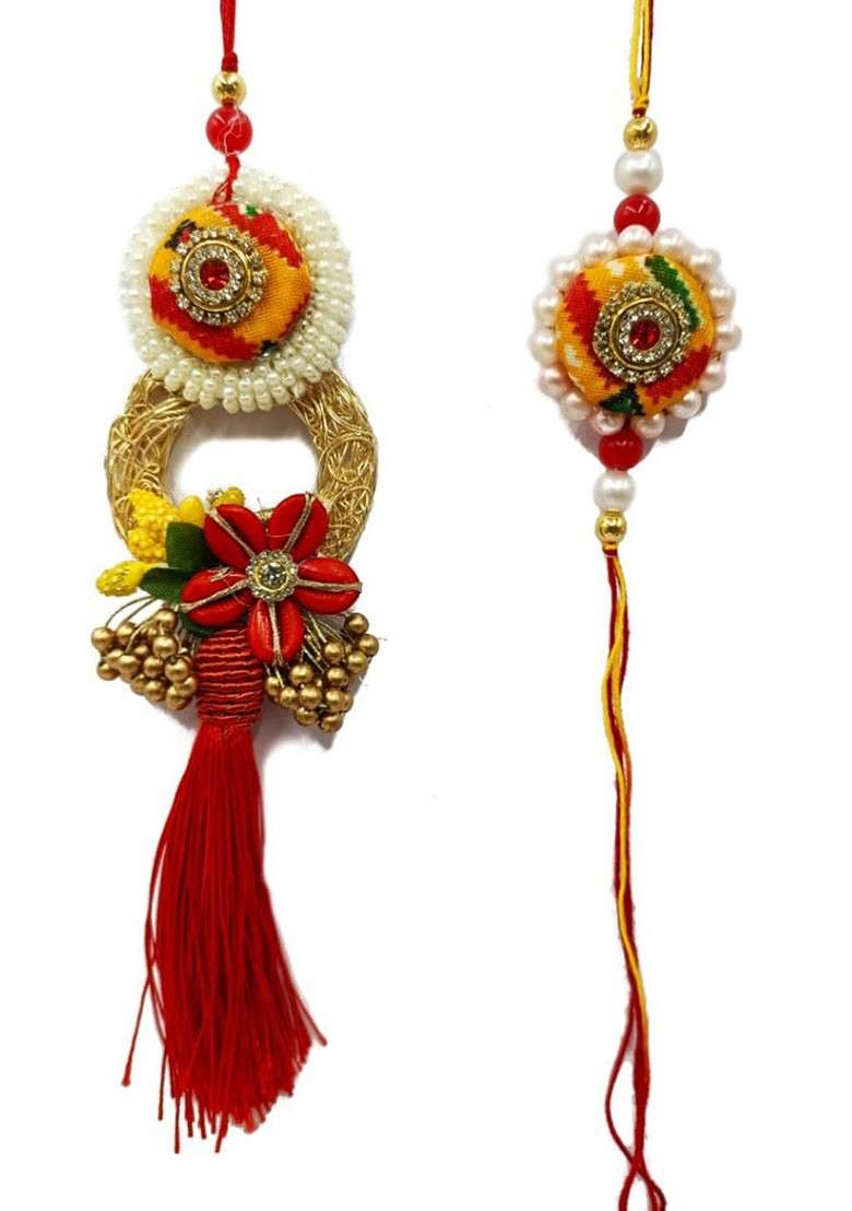 Unisex Set Of 2 Designer Lumba Rakhi Gift Set - Indya