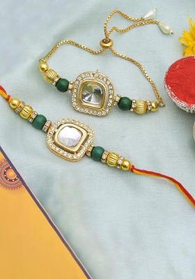 5 Pcs Wooden Idols With Greeting Card And Roli Chawal Rakhi Gift Set