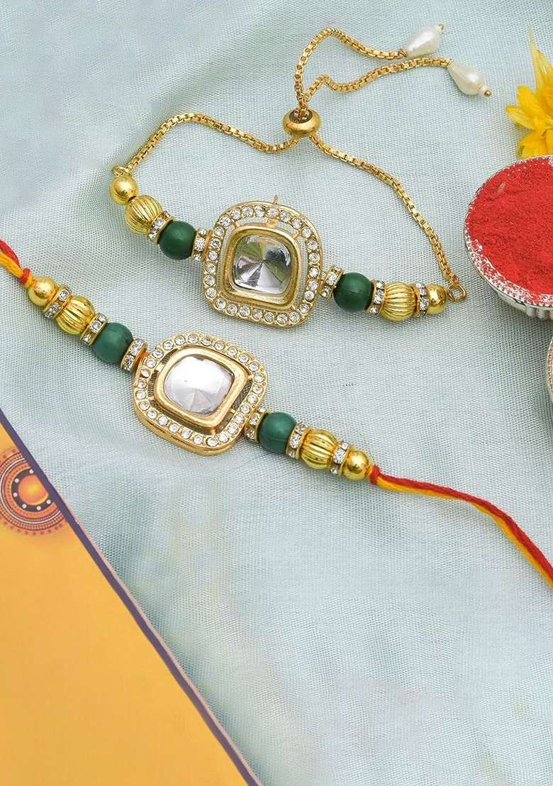 5 Pcs Wooden Idols With Greeting Card And Roli Chawal Rakhi Gift Set - Indya