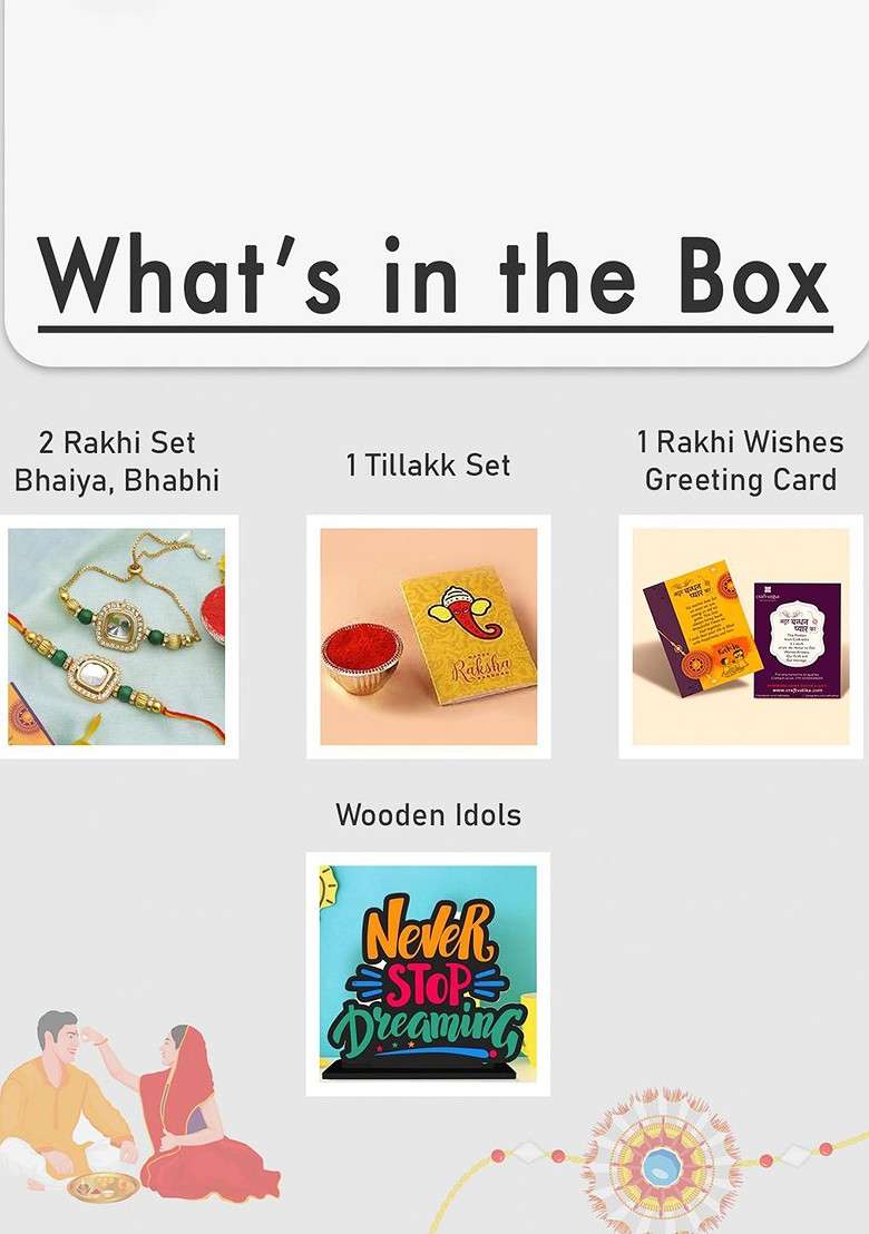 5 Pcs Wooden Idols With Greeting Card And Roli Chawal Rakhi Gift Set - Indya
