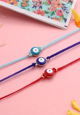 Set Of 3 Evil Eye Kids Thread Rakhi With Roli Chawal Chandan And Mishri