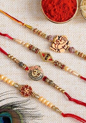 Set Of 4 Rakhi Gift Set With Roli Chawal Pack