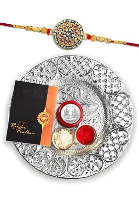 Multicolor Rakhi Combo With Pooja Thali Pooja Coin Roli Chawal And Greeting Card