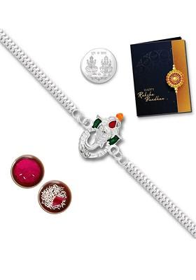 Red And Silver Toned Rakhi Roli Chawal Greeting Card And Coin Gift Set
