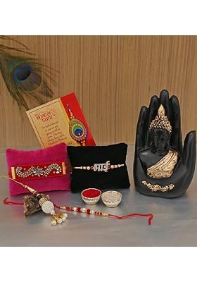 Rakhi Gift Set With Palm Buddha Showpiece And Greeting Card