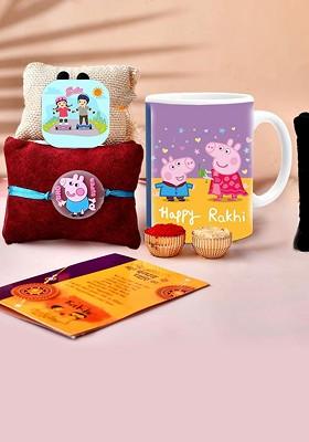 5 Pcs Rakhi Mugs Greeting Card And Roli Chawal Rakhi Gift Set