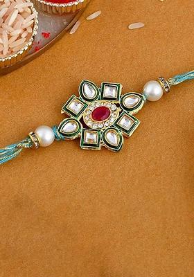 Kundan Studded And Beaded Rakhi With Fridge Magnet And Roli Tilak