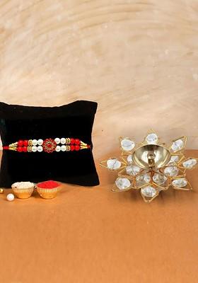 5 Pcs Crystal Diya Greeting Card And Roli Chawal Rakhi Gift Set