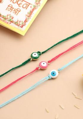 Kids Set Of 3 Evil Eye Thread Rakhi With Roli Chawal Chandan And Mishri