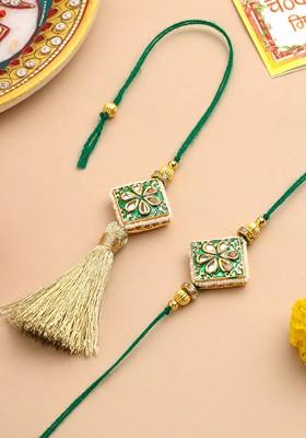 Set Of 2 Green Kundan Studded Bhaiya Bhabhi Rakhi With Roli Chawal
