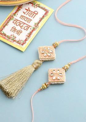 Set Of 2 Peach Kundan Studded Bhaiya Bhabhi Rakhi With Roli Chawal