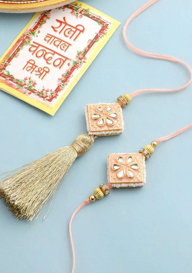 Set Of 2 Peach Kundan Studded Bhaiya Bhabhi Rakhi With Roli Chawal - Indya