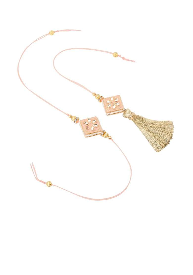 Set Of 2 Peach Kundan Studded Bhaiya Bhabhi Rakhi With Roli Chawal - Indya