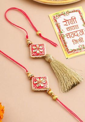 Set Of 2 Pink Kundan Studded Bhaiya Bhabhi Rakhi With Roli Chawal