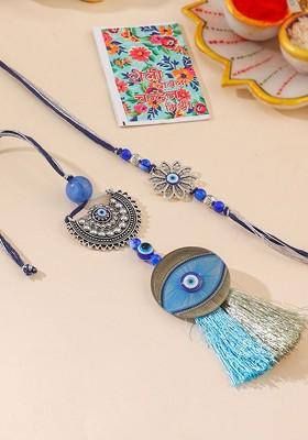 Set Of 2 Blue Evil Eye Bhaiya Bhabhi Rakhi With Roli Chawal