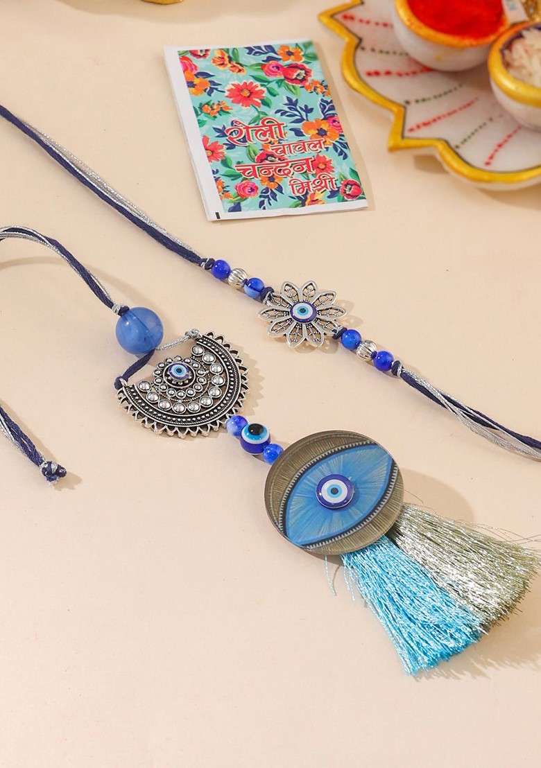 Set Of 2 Blue Evil Eye Bhaiya Bhabhi Rakhi With Roli Chawal - Indya