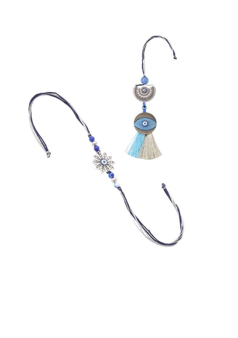 Set Of 2 Blue Evil Eye Bhaiya Bhabhi Rakhi With Roli Chawal - Indya