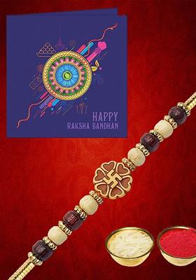 Om Charm Beaded Rakhi Greeting Card And Roli Chawal Card Brother Gift Set