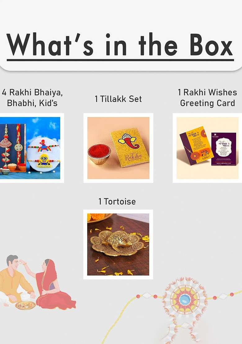 5 Pcs Tortoise Showpiece With Greeting Card And Roli Chawal Rakhi Gift Set - Indya