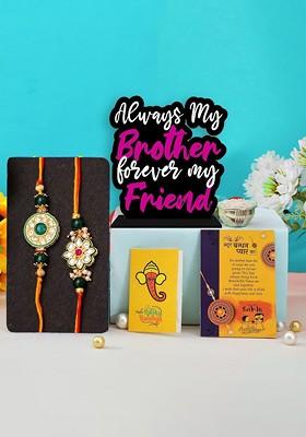 5 Pcs Wooded Idols With Greeting Card And Roli Chawal Rakhi Gift Set