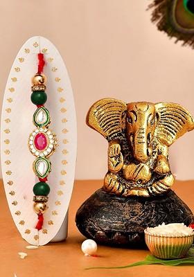 5 Pcs Lord Ganesh Showpiece With Greeting Card And Roli Chawal Rakhi Gift Set