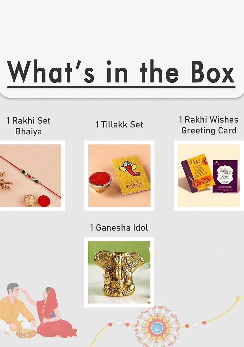5 Pcs Lord Ganesh Showpiece With Greeting Card And Roli Chawal Rakhi Gift Set - Indya