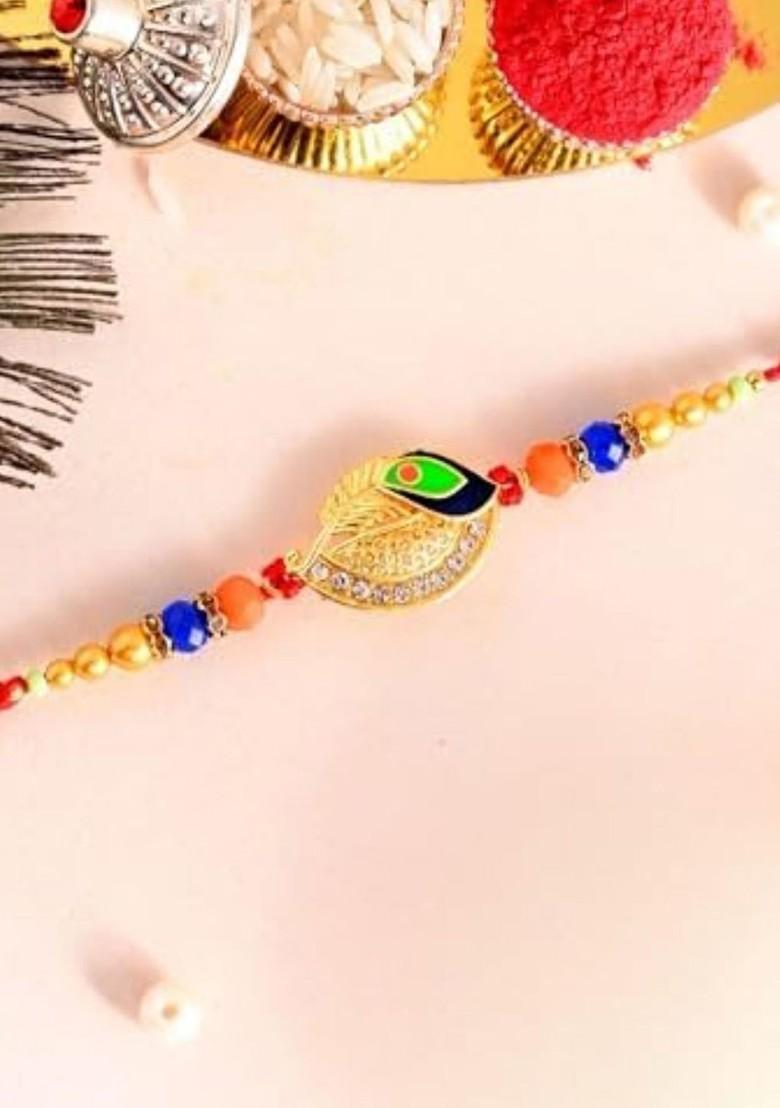 Bhaiya And Bhabhi Peacock Feather Rakhi Gift Set With Fridge Magnet - Indya