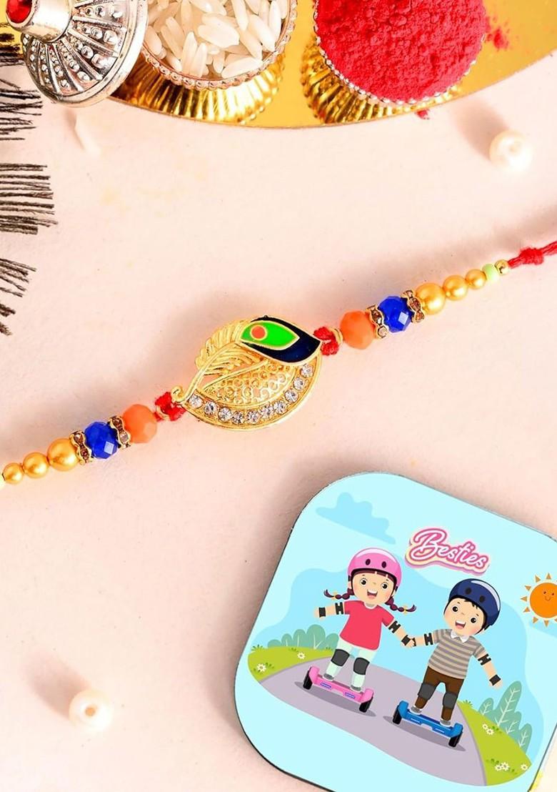 Bhaiya And Bhabhi Peacock Feather Rakhi Gift Set With Fridge Magnet - Indya