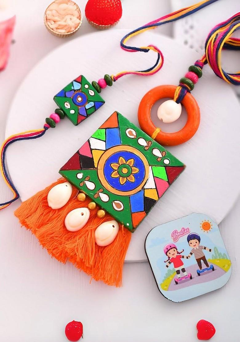 Set Of 2 Rakhi Ecofriendly Terracotta Handmade Designer Rakhi Gift Set