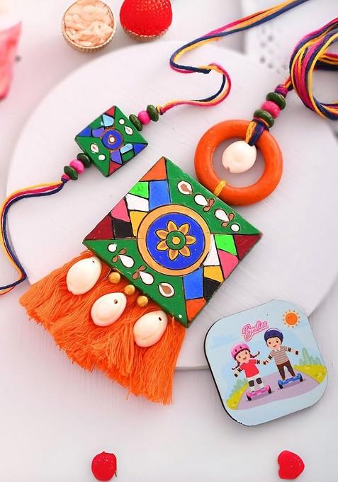 Set Of 2 Rakhi Ecofriendly Terracotta Handmade Designer Rakhi Gift Set