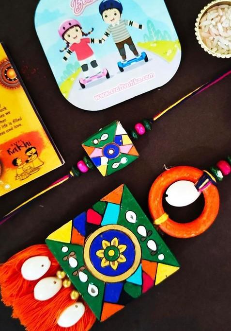 Set Of 2 Rakhi Ecofriendly Terracotta Handmade Designer Rakhi Gift Set